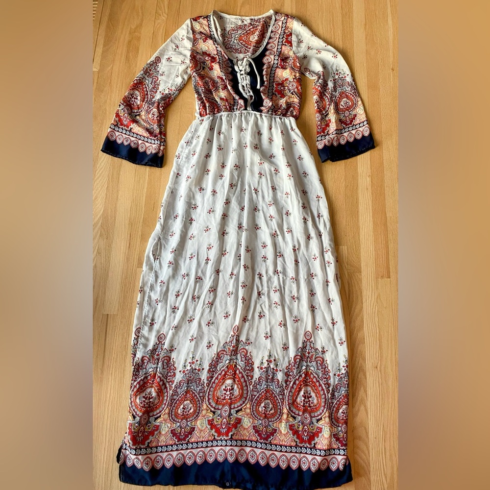 Vintage 70’s boho prairie 3/4 bell sleeve lace front paisley print maxi Small